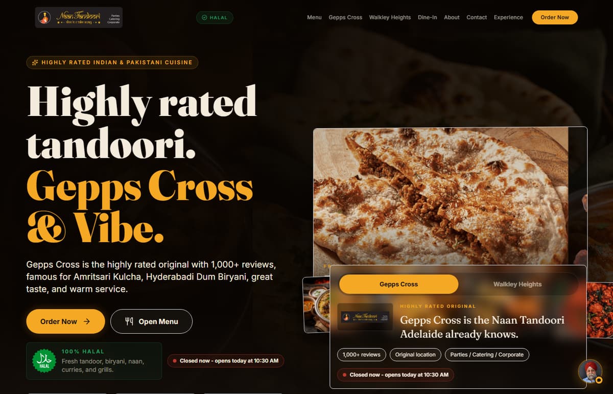 The Naan Tandoori homepage BizLift built — an Adelaide Indian restaurant with two locations, showing the menu and ordering options.