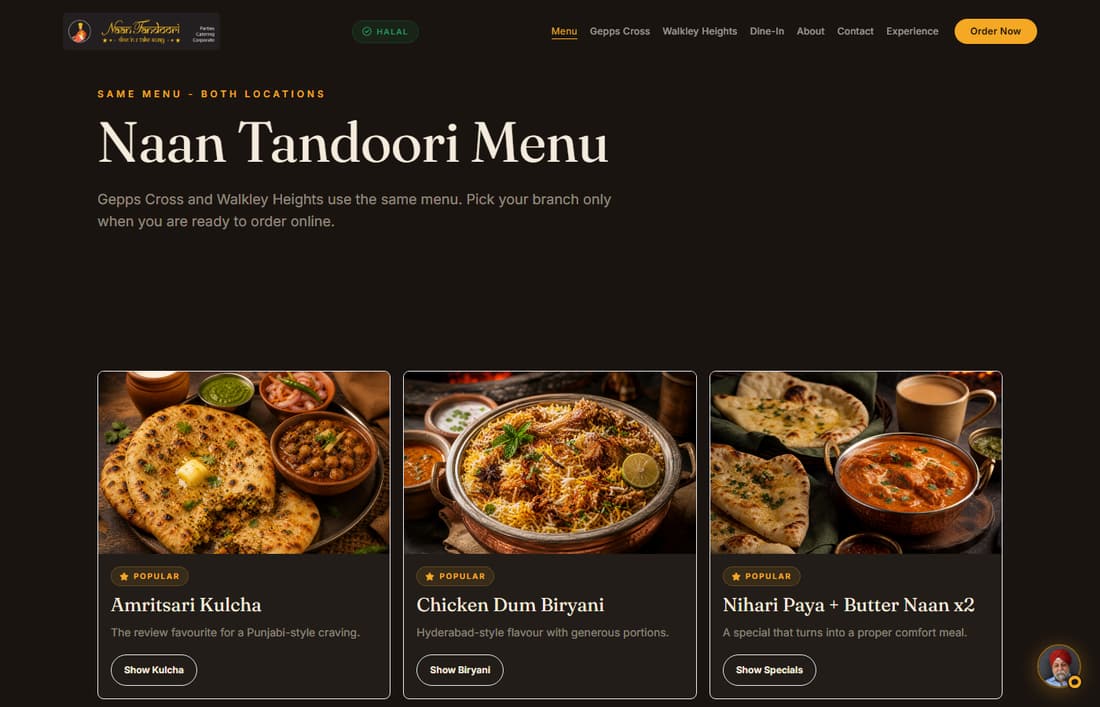 The Naan Tandoori menu page, showing Amritsari Kulcha, Chicken Dum Biryani and Nihari Paya with photography and ordering buttons.
