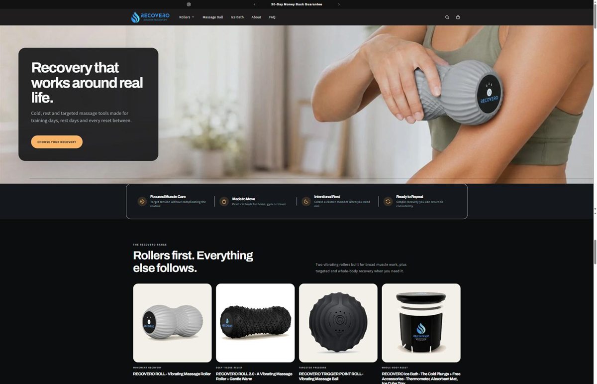 The Recovero homepage BizLift built — an Australian recovery brand, showing the hero and the full product range with prices.