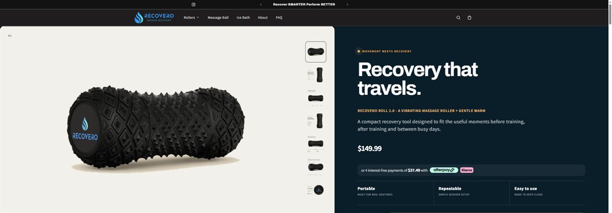 The RECOVERO ROLL 2.0 product page on recovero.com.au, showing the full product name, the description and the price.